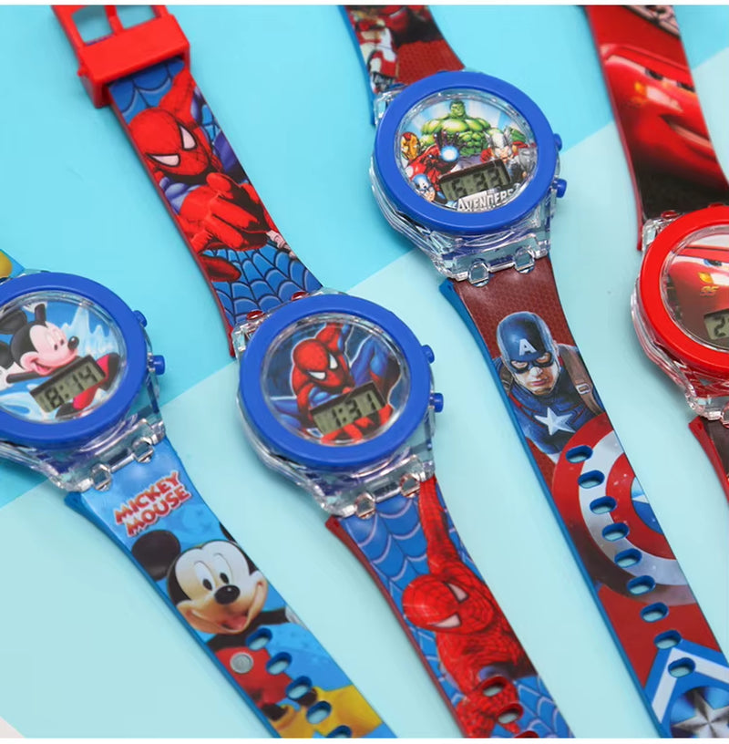 Flash Light Spiderman Kids Watches for Boys Cartoon Hello Kitty Mickey Children Watch Girls Student Clock Gifts Free Shipping