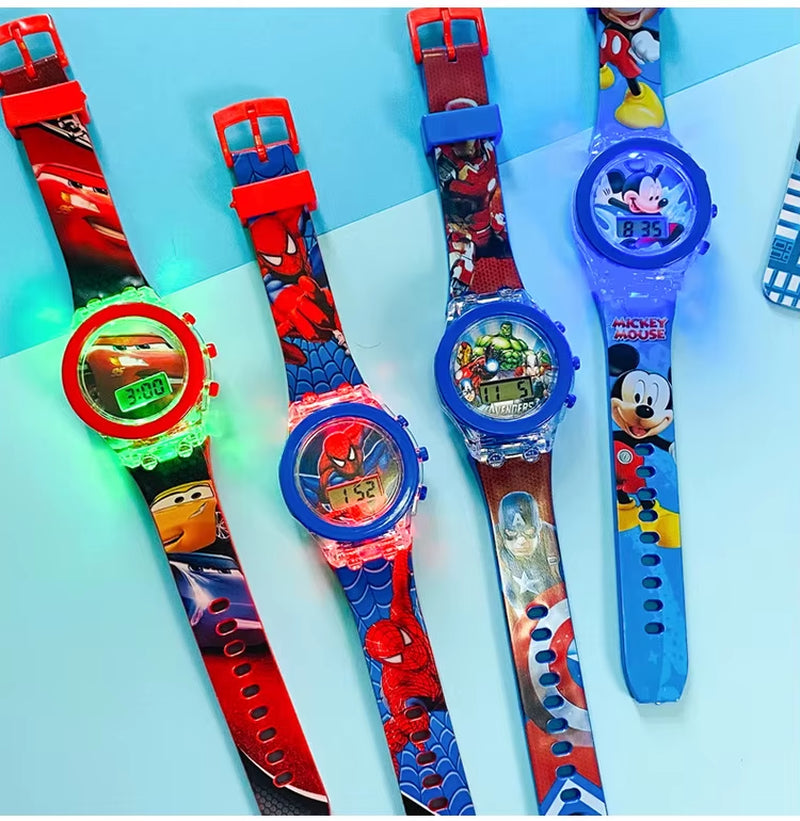 Flash Light Spiderman Kids Watches for Boys Cartoon Hello Kitty Mickey Children Watch Girls Student Clock Gifts Free Shipping