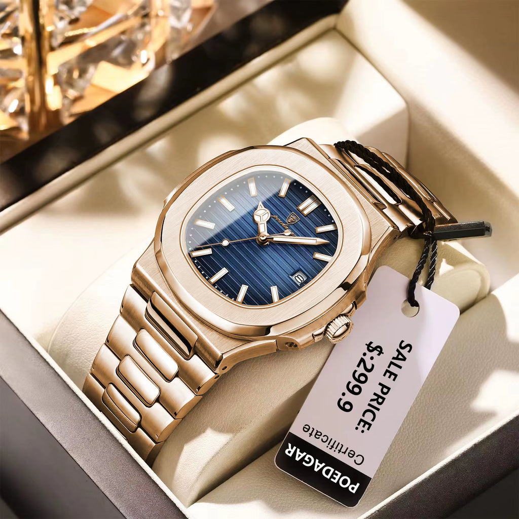 Man Wristwatch Business Luxury Square Men Quartz Watch Waterproof Luminous Date Stainless Steel Men'S Watches Clock+Box
