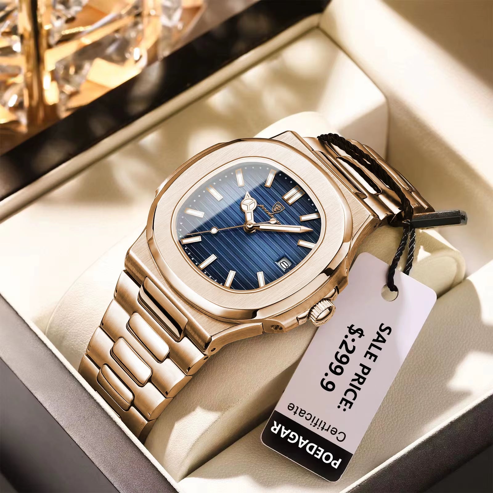 Man Wristwatch Business Luxury Square Men Quartz Watch Waterproof Luminous Date Stainless Steel Men'S Watches Clock+Box